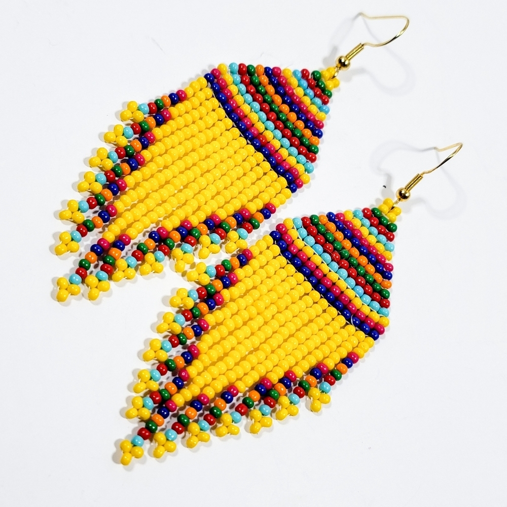 Handmade Yellow Tribal Seed Bead Fringe Earrings